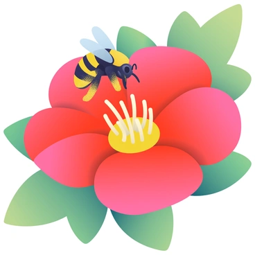 A close-up view of a vibrant flower with bright red petals is in the foreground. The flower has a yellow center surrounded by intricate stamen. A busy bee with black and yellow stripes is perched on one of the petals, its legs dusted with pollen as it gathers nectar. The background features blurred green leaves, emphasizing the focus on the flower and the bee. The sunlight highlights the bee's wings, making them shimmer.
