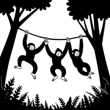 Three playful orangutans swinging through the trees in a dense forest. The orangutans are depicted mid-swing, their arms extended as they grasp the branches above. The trees are tall and leafy, with intertwining branches creating a natural playground. Below, the underbrush is filled with ferns and small plants, enhancing the sense of wildness. Sunlight filters through the canopy, casting dappled shadows on the ground.