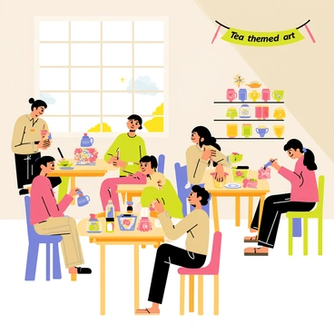 A tea shop interior filled with wooden tables and colorful chairs. Patrons are engaged in an arts and crafts session, each working on tea-themed art projects. One table features a woman painting a ceramic teapot with floral patterns. Another table has a group of children creating tea cup collages with paper and glue. Various art supplies like paintbrushes, colored paper, and scissors are scattered across the tables. A large window displays a sunny day outside, while shelves lined with different types of tea can be seen in the background. "Tea-themed art" is written on a banner hanging from the ceiling.