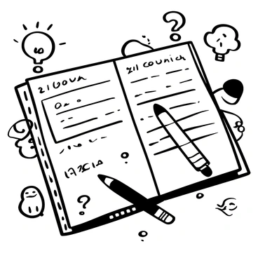 A notepad lying open on a wooden desk, featuring quirky illustrations of question marks, light bulbs, and playful doodles scattered across the pages. Each page has sections labeled for different subjects, with exaggerated lines showing where notes can be written. A pencil with a unique design rests next to the notepad, and an eraser shaped like a question mark is placed nearby. Some whimsical characters, such as a small cartoonish owl and a spirited squirrel, are depicted in the margins, adding a touch of charm to the scene.