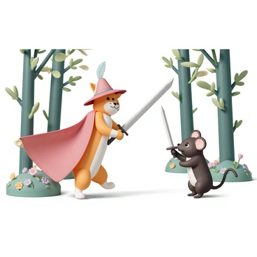A cat, resembling Puss in Boots, stands on its hind legs, wielding a shiny sword with a confident stance. The cat has a distinctive wide-brimmed hat adorned with a feather and a red cape flowing behind it. In front of the cat, a friendly-looking mouse holds a tiny sword, preparing to duel. They are surrounded by tall, vibrant trees with green leaves and colorful flowers blooming beneath them. Sunlight filters through the branches, casting soft shadows on the forest floor. Both characters have playful expressions, indicating their friendly competition.