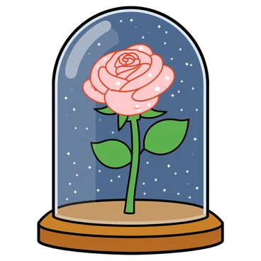 A delicate rose with soft pink petals is placed under a clear glass dome. The dome has a polished wooden base, and the rose appears fresh and vibrant. The petals have droplets of water on them, reflecting light subtly. The background is filled with a multitude of small, twinkling stars scattered across a dark blue sky. The rose emits a gentle, warm glow that softly illuminates its surroundings, creating a contrast against the starry backdrop.