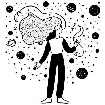 A woman standing gracefully, with "stars" and "galaxies" interwoven into her flowing hair. Her silhouette is adorned with celestial motifs, including "constellations" and "nebulae" that emanate from her form. She is surrounded by swirling cosmic elements, with "planets" and "comets" orbiting around her. The background features a vast expanse of "space" filled with intricate patterns of stars, creating a sense of depth and infinity.