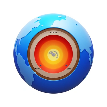 A detailed cross-section of the Earth showing distinct layers such as the crust, mantle, outer core, and inner core. The Earth's axis is visibly tilted at an angle, with the North Pole and South Pole indicated. Each layer is colored differently for clarity, with labels for each section. The surface features include oceans and continents, providing a realistic representation of Earth’s structure. The background is plain to emphasize the cross-section.
