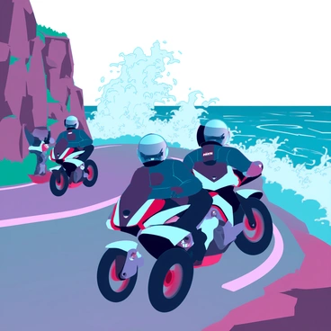 A group of motorcyclists wearing sleek, futuristic helmets and leather jackets is zooming along a winding coastal highway. The motorcycles are advanced models with sharp designs and glowing accents. The road is lined with rocky cliffs on one side, with vibrant greenery peeking through cracks. Nearby, crashing waves create a dynamic foam, splashing against the jagged rocks, and the ocean gleams under a bright, clear sky. The scene captures the excitement of speed and the beauty of nature in harmony.