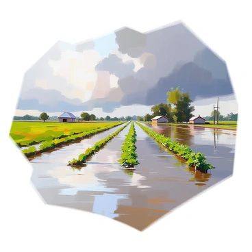 An inundated farm field where water has overtaken rows of green crops, creating a landscape of reflections and rippling surfaces. The water covers the ground, glistening as it mingles with raindrops falling from a stormy sky filled with dark, heavy clouds. A few small farm structures can be seen in the background, partially submerged, while occasional patches of vibrant crops peek through the water. The scene conveys the impact of the storm surge on the agricultural land.