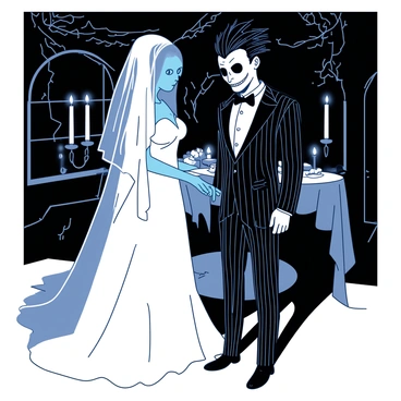 A spooky wedding scene takes place in a dimly lit, ornate hall. A ghostly bride, with flowing white translucent fabric, stands gracefully at the altar, her ethereal gown trailing along the ground. Her face is partially obscured by a delicate veil that shimmers softly in the dim light. Beside her, Beetlejuice stands in a black and white striped suit, his wild hair standing out against the dark surroundings. His expression is mischievous, with a wide grin and playful eyes. Surrounding them, eerie decorations such as cobwebs and flickering candles add to the haunting atmosphere. The air is filled with an unsettling yet captivating energy as the couple prepares to exchange their vows.