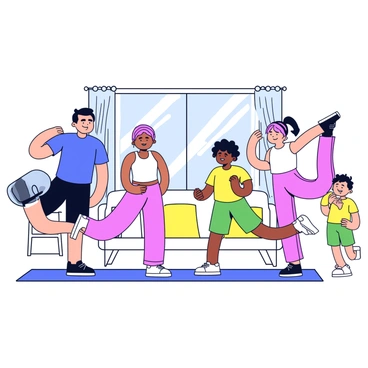 A family of four is in a spacious living room, each member performing a quadriceps stretch. The father, wearing a blue t-shirt and black shorts, stands on one leg while pulling his other foot towards his back. The mother, dressed in pink leggings and a white tank top, mirrors his pose beside him. A teenage daughter in yellow athletic wear mimics the stretch on the other side, while a young son in green shorts playfully attempts to copy his family. Sunlight streams in through a large window, casting soft shadows on the floor.