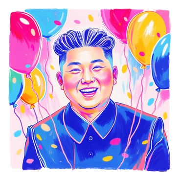 A portrait of Kim Jong Un is depicted with a broad smile. His hair is styled in a distinctive flat top, and he is wearing a dark suit with a white shirt. Surrounding him are an array of colorful balloons in various shapes and sizes, including red, blue, yellow, and green. The balloons float around him, creating a festive atmosphere. The background is bright and cheerful, enhancing the joyful expression on his face.