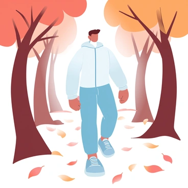 An ectomorph figure is walking along a forest path. The path is covered in vibrant autumn leaves, with shades of orange, red, and yellow scattered across the ground. Tall trees with trunks of varying brown hues line both sides of the path, their branches stretching out overhead. Sunlight filters through the leaves, creating dappled patterns of light and shadow on the ground. The figure is dressed in a light jacket and comfortable pants, with arms relaxed at their sides as they stroll through the picturesque scene.