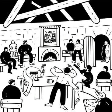 A lively medieval tavern filled with wooden tables and benches, with large wooden beams overhead. The room is bustling with travelers, some seated and listening intently, while others talk amongst themselves. A wolf, standing on its hind legs, is animatedly gesturing with its front paws as it shares tales. Various mugs of drink are placed on the tables, and a roaring fireplace casts flickering shadows across the stone walls. A tapestry hangs on one wall depicting a historic battle scene. A large wooden door is slightly ajar, allowing a glimpse of the night sky outside.