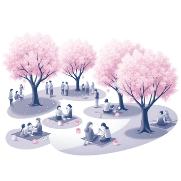 A cherry blossom festival taking place in a park filled with blooming cherry trees. The trees are adorned with numerous delicate blossoms, creating a picturesque canopy above. Groups of people are scattered throughout the scene, some sitting on picnic blankets while others stroll along pathways lined with vibrant flowers. A variety of individuals, including families, couples, and friends, are engaged in activities like taking photographs, enjoying food from festival stalls, and admiring the scenery. The ground is covered with fallen pink petals, and a few paper lanterns are hung from some of the trees, adding to the festive atmosphere.