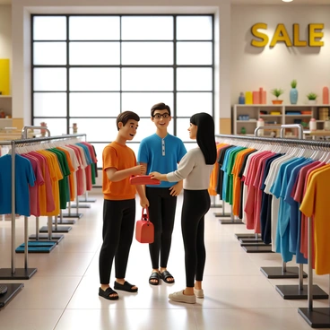 A cheerful salesperson with light skin and short brown hair, wearing a bright blue shirt and black pants, is smiling broadly. They are assisting a customer, a woman with long, dark hair, who is examining a vibrant red handbag. The retail store is filled with an array of colorful products, including clothing racks displaying shirts of various colors, shelves stacked with accessories, and a large, welcoming sign that says "Sale" in bold letters. Sunlight streams through the large windows, illuminating the space and creating a lively atmosphere.