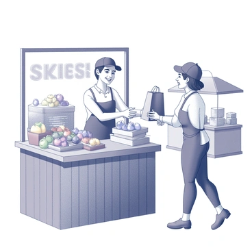 A cheerful shopkeeper with a wide smile is standing behind a wooden stall filled with various goods. The shopkeeper is handing a "colorful bag" to a customer. The customer has a bright smile, showcasing their satisfaction. The scene captures a lively atmosphere, with other market stalls in the background, each displaying an array of items. The shopkeeper is wearing an apron and a cap, while the customer is dressed casually, holding the bag with both hands, ready to leave the stall.