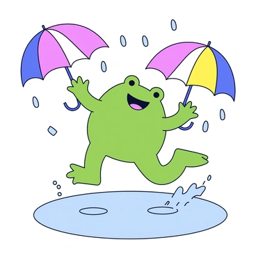 A green frog with a wide, cheerful smile is jumping in a small puddle, creating splashes of water around it. The frog's limbs are outstretched, capturing the motion of its leap. Light raindrops are falling around, adding ripples to the puddle's surface. In the background, there are several colorful umbrellas, each with a different pattern, providing a vibrant contrast to the scene. The ground is slightly wet, reflecting the cheerful atmosphere of the rain.