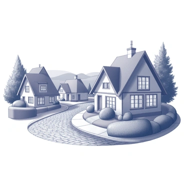 A village scene featuring cobblestone streets winding through the landscape. The streets are lined with charming cottages, each showcasing distinct architectural details such as thatched roofs and wooden window shutters. The cottages are set against a backdrop of rolling hills, adding depth to the composition. Lush greenery, including trees and shrubs, surrounds the cottages, creating a cozy and inviting atmosphere. Soft light casts gentle shadows across the cobblestones, enhancing the quaintness of the scene.