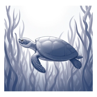 A sea turtle is swimming gracefully through a dense underwater kelp forest. The turtle's shell is textured, displaying intricate patterns, while its flippers are extended, creating a sense of movement as it glides. Surrounding the turtle, long strands of kelp sway gently in the water, creating a lush, immersive environment. Sunlight filters through the water's surface, casting soft shadows and illuminating the scene, enhancing the serene underwater atmosphere.