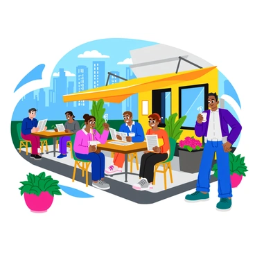A bustling city cafe with several outdoor tables filled with diverse groups of people. Some individuals are sipping steaming cups of coffee, while others are engrossed in reading newspapers, their heads bent over the pages. The cafe features a colorful awning that provides shade, with plants and flowers in vibrant pots adorning the edges of the outdoor area. In the background, tall buildings rise, adding to the lively urban atmosphere. A waiter with a notepad takes an order from a couple smiling at each other, while a solo patron enjoys their drink with a thoughtful expression.