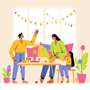 A family of four is gathered in a cozy living room, decorated with colorful oil lamps and vibrant string lights. The father is placing a traditional oil lamp on a wooden table, while the mother is hanging string lights across the walls. Two children are busy arranging small oil lamps on the windowsill. The room is filled with festive decorations, including marigold flowers and bright-colored cushions. Soft light from the lamps and string lights creates a warm, inviting atmosphere.