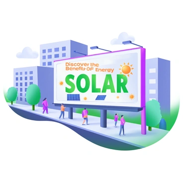 A city street bustling with activity, featuring a large billboard displaying the words "Discover the Benefits of Solar Energy" in bold, vibrant green letters. The billboard is adorned with bright sun icons and solar panels. Surrounding the billboard, there are several pedestrians walking, some pausing to look at the advertisement. Various buildings line the street, showcasing a mix of modern and traditional architecture. Trees are planted along the sidewalk, and a clear blue sky is visible overhead.