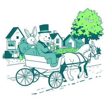 A teal Victorian rabbit wearing a top hat is sitting in the front seat of a white horse-drawn carriage. Next to the rabbit, there is a white Victorian rabbit dressed in a elegant dress with a bonnet, holding a bouquet of flowers. The carriage is being pulled by two white horses, and it is moving along a cobblestone street. In the background, there are quaint village houses with white picket fences and colorful gardens. A tree with vibrant leaves stands next to the road, completing the charming village scene.