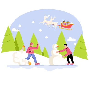 A snowy landscape filled with soft, white snow covering the ground. In the foreground, two children are happily building a snowman, one child is rolling a large snowball while the other decorates the snowman with a bright orange carrot for a nose and colorful buttons. In the background, a sleigh filled with wrapped gifts is flying through the clear blue sky, pulled by a team of reindeer. The scene is dotted with evergreen trees, their branches heavy with snow, and fluffy white clouds drifting lazily by.