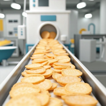 A factory conveyor belt, stretching across the image, is filled with fresh banana slices lined up orderly. The banana slices are yellow with a slight sheen, highlighting their freshness. As they progress along the conveyor belt, they transition into crispy banana chips, golden brown and crunchy in texture. The factory environment is well-lit, showcasing machinery in the background, including a large frying machine where some of the banana slices are being processed. The scene conveys a sense of movement and production, with some chips glistening under the lights.