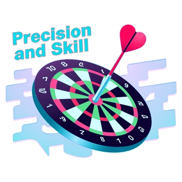 A large sports banner featuring a dart striking the "bullseye" of a dartboard. The dart is depicted in sharp detail, with a metallic silver shaft and a bright red flight. The dartboard is clearly visible, displaying the traditional black and white segments with the central bullseye highlighted in vivid red and green colors. The background is dynamic, possibly with streaks of color suggesting motion from the dart's flight. Text reading "Precision and Skill" is prominently displayed in bold letters above the dartboard.