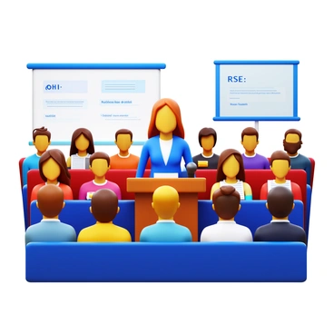 A speaker stands confidently at a podium, engaging with an audience filled with eager listeners. The podium is equipped with a microphone and a stack of notes. The audience members, both men and women, are sitting in rows, leaning forward with expressions of interest. Some have notebooks and pens, ready to take notes. The room is well-lit, emphasizing the speaker's focused expression as they present information on "RSE." The background includes a projector screen displaying key points, enhancing the learning atmosphere.