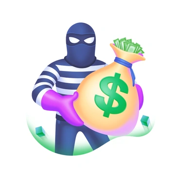 A cartoonish bank robber with a black mask over his eyes is standing confidently. He is wearing a striped black and white shirt and matching pants. In his arms, he is holding a large, overflowing money bag clearly marked with a large, bold "dollar sign." The bag appears heavy, bulging with stacks of cash. The background is simple, emphasizing the robber and his money bag.