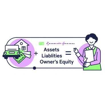 An illustration depicting the accounting equation. At the center, the equation "Assets = Liabilities + Owner's Equity" is clearly presented in bold letters. Surrounding the equation are visual representations of each component. 

To the left, there is an image of a house and a vehicle symbolizing "Assets." Next to these, a stack of bills and a credit card represent "Liabilities," showcasing debts and financial obligations. On the right, a smiling person holding a document signifies "Owner's Equity," representing the owner's stake in the business. The overall arrangement is structured and balanced, clearly highlighting the relationships among these three components.