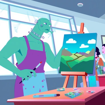 A large, green-skinned creature with bolts in its neck, dressed in a paint-splattered apron, is focused on painting a vibrant landscape on a canvas in an art class. The creature has a thoughtful expression as it holds a brush in one hand, while the other rests on the edge of the easel. The classroom is filled with various art supplies, including tubes of paint and brushes scattered across a wooden table. Sunlight streams through large windows, illuminating the colorful landscape on the canvas, which features rolling hills, a bright blue sky, and fluffy white clouds. Other students can be seen in the background, observing the creature with a mixture of curiosity and surprise.