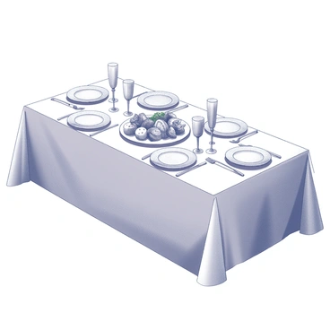 A dinner table set for a meal. The table is covered with a crisp, white tablecloth, elegantly draped. A central platter features a beautifully arranged main course, with various dishes displayed attractively. Surrounding the platter are neatly set plates, each accompanied by polished cutlery. Elegant glassware is positioned beside each plate. Soft napkins are folded artfully next to the cutlery. The atmosphere suggests a formal dining experience.
