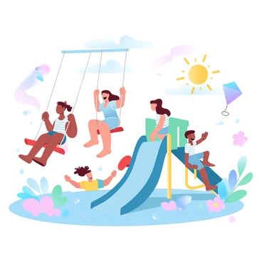 A group of children is playing on swings and slides in a vibrant playground. Some children are swinging high on red swings, while others are climbing up a blue slide. The playground features colorful climbing structures with bright yellow, green, and blue elements. Two children are laughing as they slide down the slide, while another child eagerly waits at the bottom. A large sun with rays is shining down on the scene, and a series of multicolored kites are flying in the air above the playground. Bright flowers are blooming around the playground area, adding to the lively atmosphere.