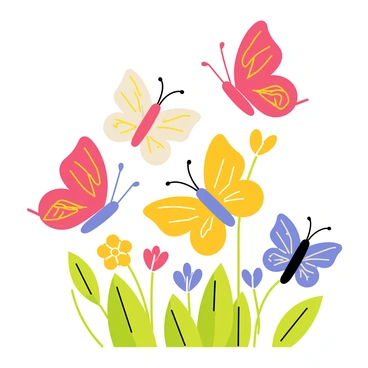 A group of butterflies with wings that resemble "colorful blossoms" is flying together in the air. Each butterfly showcases intricate patterns that mimic the shapes and colors of flowers, including vibrant reds, yellows, blues, and violets. The butterflies are dancing among green leaves, surrounded by blooming flowers that complement their colorful wings. Sunlight filters through the foliage, casting playful shadows and illuminating the butterflies' delicate features.