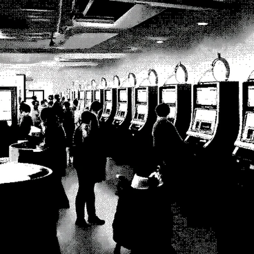 A bustling casino hall from the 1950s is filled with vintage slot machines, each decorated with intricate designs. Patrons are scattered throughout the space, dressed in classic attire, with men in sharp suits and women in elegant dresses. The atmosphere is lively, as people engage with the machines and socialize with one another. The walls are adorned with retro decor, adding to the nostalgic feel of the scene. The floor is busy with the movement of excited guests, and the sound of coins clinking resonates throughout the hall.