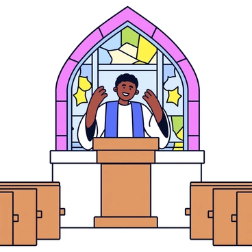 A pastor stands at a wooden pulpit, delivering an Easter sermon with great enthusiasm. The pastor is dressed in traditional robes, gesturing expressively with one hand raised. Behind him is a large stained glass window featuring vibrant colors and religious symbols, casting multicolored light onto the scene. The interior of the church is simple, with wooden benches arranged in rows facing the pulpit.