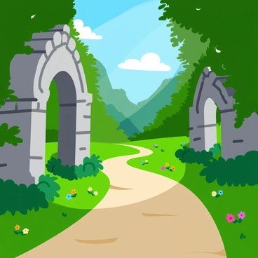 A stone path winding through the "arches of ancient ruins," with intricate carvings partially hidden by "green moss and twisting vines." The arches rise majestically on either side of the path, showcasing their weathered texture and details. Sunlight filters through the foliage, casting dappled shadows on the ground, while a few scattered wildflowers peek through the cracks in the stones, adding a touch of color. The atmosphere feels lush and overgrown, suggesting a long-forgotten history.