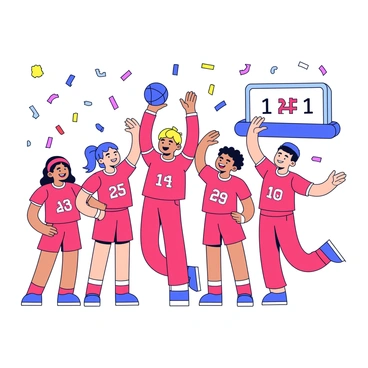 A dodgeball team of five players celebrating their victory. Each player is wearing matching bright red uniforms with white numbers. They are standing in a circle with wide smiles on their faces. One player is lifting a dodgeball above their head. The others are giving high-fives with their hands raised. Confetti is falling from above, and a scoreboard in the background shows their winning score.