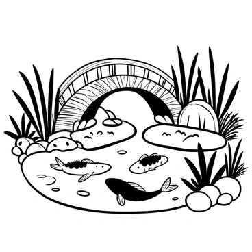 A serene Japanese water garden with koi ponds and a small wooden bridge