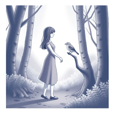 A young woman with long, flowing hair is standing in a dense, enchanted forest. She is wearing a simple, elegant dress that blends with the natural surroundings. In front of her, a small bird, with a detailed feather pattern, is perched on a low branch. The bird is looking at her with an expressive gaze, as if it is about to speak. Surrounding them are tall, moss-covered trees with intricate bark textures and scattered ferns on the forest floor, creating a magical atmosphere. Soft light filters through the canopy, illuminating the scene.