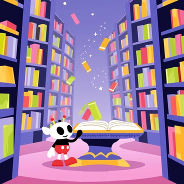 Cuphead, a cartoon character with a cup-shaped head and a straw on top, is standing in the middle of a magical library. The library is filled with towering shelves stacked with colorful, floating books that hover in mid-air. Glowing lights in various colors illuminate the space, casting a warm, inviting ambiance. In the background, a large ornate wooden table with an open book lies in the center, surrounded by swirling sparkles. The walls are adorned with intricate designs, adding to the enchanting atmosphere. Cuphead looks amazed as he reaches out toward one of the floating books, ready to explore the wonders of this magical place.