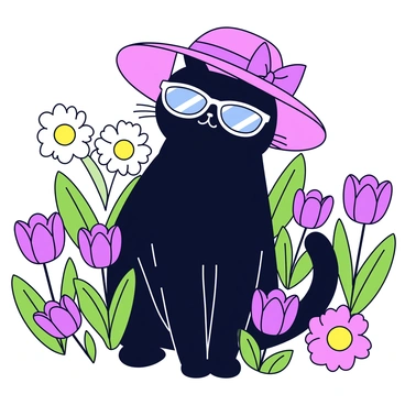 A stylish cat with a sleek black coat is wearing a large floppy hat adorned with a pink ribbon. The cat has oversized sunglasses reflecting the sunlight. It is sitting gracefully among vibrant flowers in a garden, surrounded by blooming daisies and tulips. The background features green leafy plants, adding to the lively atmosphere of the scene.