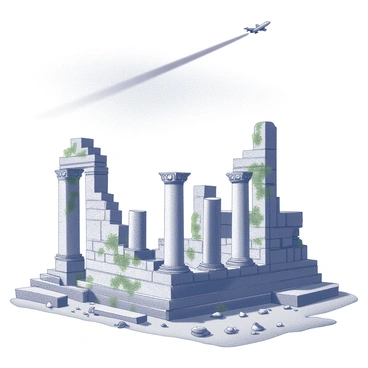 ancient ruins of a stone temple, partially overgrown with vines and moss. The remains of columns and walls stand tall against the sky, showcasing intricate carvings and weathered textures. Above this historical scene, a modern jet trail cuts across the blue sky, forming a stark diagonal line. The contrast between the ancient architecture and the contemporary jet trail illustrates a clash of time, with the ruins representing a bygone era and the plane symbolizing modern technology. The ground is littered with small stones and fragments of pottery, hinting at the area's rich history.