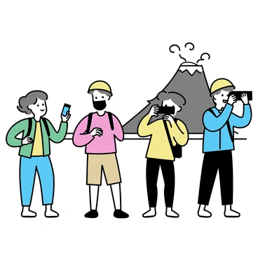 A group of four tourists stands near a smoking volcano, all wearing safety gear including helmets and masks. Two men and two women are positioned in a semi-circle, each holding a camera aimed at the volcano. The first man, with a blue jacket and black pants, is capturing the scene with a DSLR camera. The second man, dressed in a red shirt and khaki shorts, is taking a selfie. One woman, in a green windbreaker and jeans, is smiling as she stands beside the second man, while the other woman, wearing a yellow jacket and black leggings, is focused on photographing the smoke rising from the volcano. The background features the active volcano, with ash and smoke billowing into the sky.