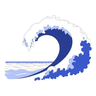 A large ocean wave is cresting in the shape of a parabola, rising dramatically with a smooth, curved peak. The wave features intricate details of foamy white spray cascading down its sides, creating a frothy texture along the crests and troughs. The body of the wave is depicted with a flowing, dynamic form, emphasizing its movement as it rolls towards the shore. The water below the wave is disturbed, creating a choppy surface that contrasts with the elegant curve of the wave above. In the background, a distant horizon line can be seen where the ocean meets the sky.
