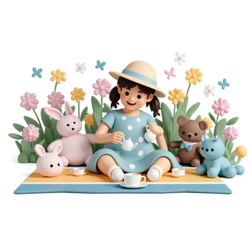 A petite girl, wearing a light blue dress with white polka dots and a matching sun hat, is seated on a colorful picnic blanket in a lush garden. She is smiling as she pours tea from a small, delicate teapot into tiny cups arranged in front of her. Surrounding her are various stuffed animals, including a fluffy bunny with long ears and a teddy bear wearing a bow tie. Vibrant flowers bloom all around, and butterflies flutter in the warm sunlight, adding to the cheerful atmosphere of the tea party.