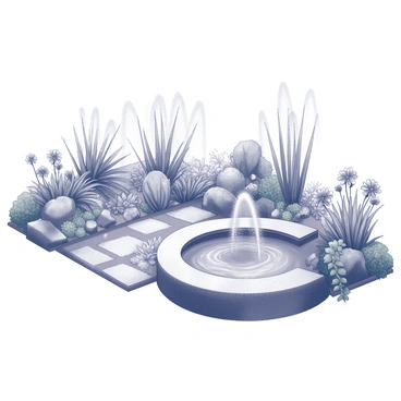 A peaceful garden showcasing a small water feature with gentle jets creating a calming ambiance
