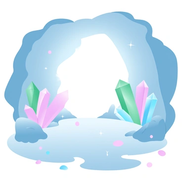 A cavern filled with large crystals of various colors, including deep blues, vibrant greens, and bright pinks. The crystals jut out from the cavern walls and floor, casting shimmering reflections around the space. Soft light filters in from an opening above, accentuating the intricate shapes of the crystals. The ground of the cavern is uneven and rocky, with scattered small stones glinting in the light. Larger clusters of crystals create a mesmerizing spectacle as they catch and refract the light throughout the cavern.