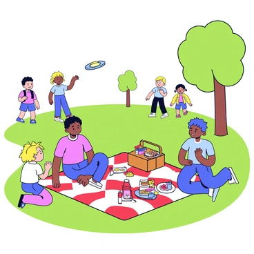 A family is having a picnic on a bright green grassy area in a park. They are sitting on a large red and white checkered blanket spread out on the ground. The picnic basket is open, displaying various foods like sandwiches, fruits, and drinks. Nearby, two children are playing frisbee, laughing as they toss a colorful frisbee back and forth. A few trees provide shade, and in the background, there are other families enjoying the park.